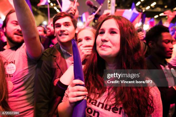 Founder and Leader of the political movement 'En Marche !' and presidential candidate Emmanuel Macron addresses activists after the announcement of...