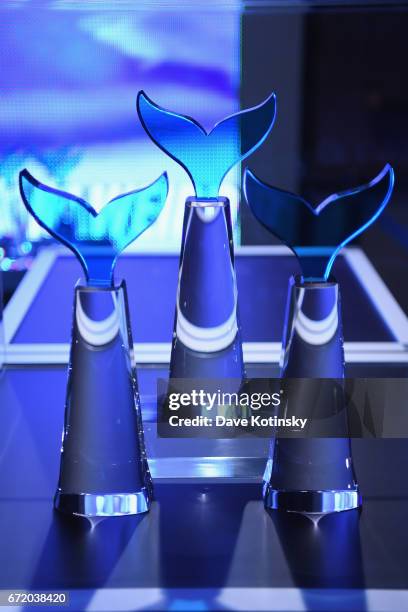 View of trophies at the cocktail reception at The 9th Annual Shorty Awards at PlayStation Theater on April 23, 2017 in New York City.