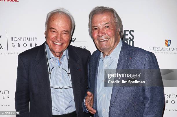 Chefs Andre Soltner and Jacques Pepin attend the "James Beard: America's First Foodie" NYC premiere at iPic Fulton Market on April 23, 2017 in New...