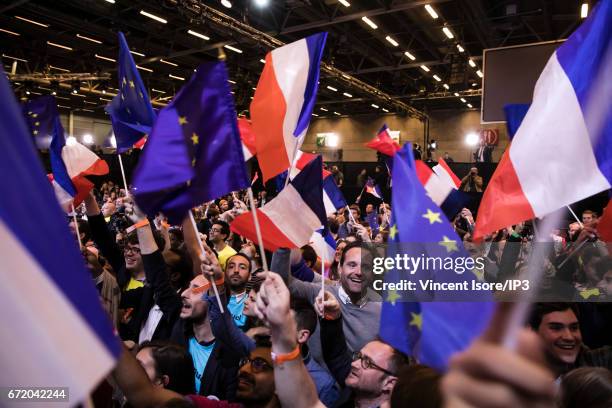 Founder and Leader of the political movement 'En Marche !' and presidential candidate Emmanuel Macron addresses activists after the announcement of...