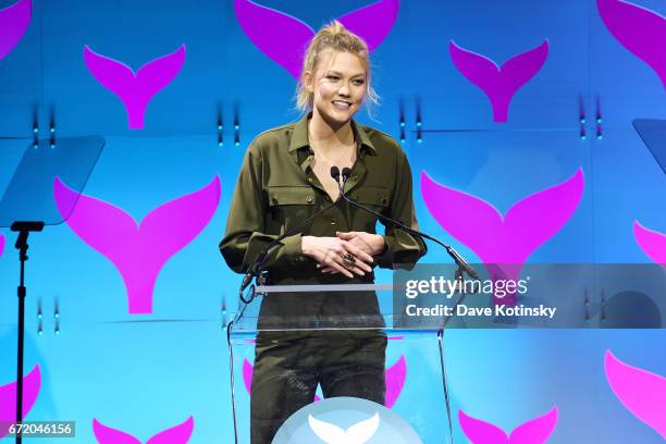 Karlie Kloss accepts an award on stage at the The 9th Annual Shorty Awards on April 23, 2017 in New York City.