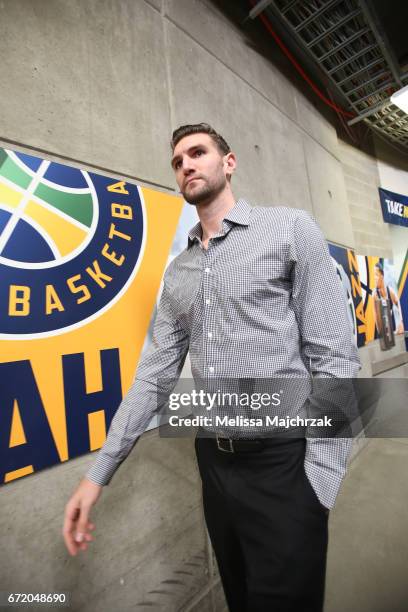 Jeff Withey of the Utah Jazz arrives for Game Four of the Western Conference Quarterfinals of the 2017 NBA Playoffs on April 23, 2017 at...