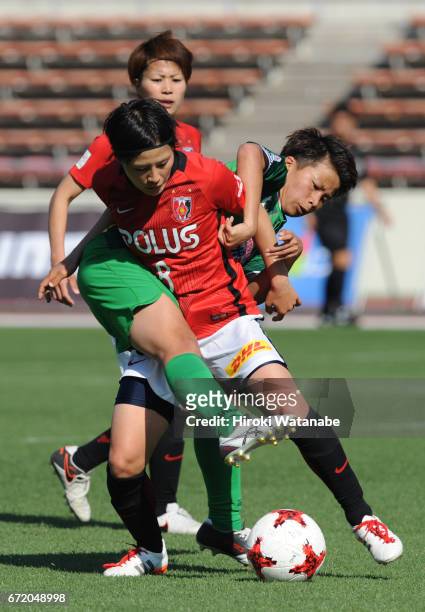 Mina Tanaka of NTV Beleza and Hikaru Naomoto of Urawa Red Diamonds Ladies compete for the ball during the Nadeshiko League match between Ladies Urawa...