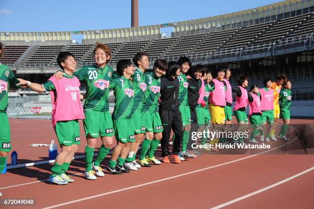 Beleza Players dcelebrat after their tteam`s 3-0win in the Nadeshiko League match between Urawa Red Diamonds Ladies and NTV Beleza at Urawa Komaba...