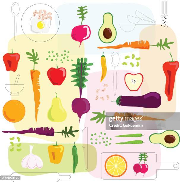fresh vegetables and fruits illustrated background. - chili con carne stock illustrations