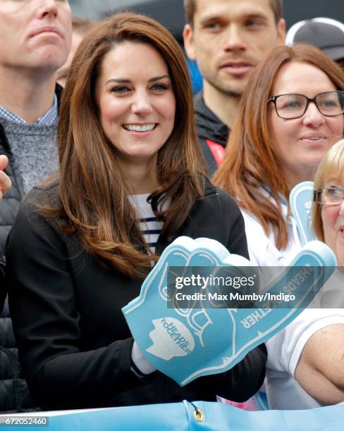 Catherine, Duchess of Cambridge cheers on runners talking part in the 2017 Virgin Money London Marathon on April 23, 2017 in London, England. The...