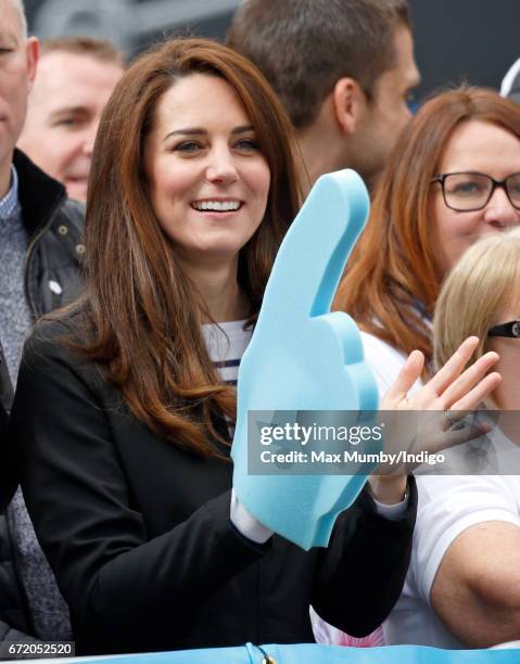 Catherine, Duchess of Cambridge cheers on runners talking part in the 2017 Virgin Money London Marathon on April 23, 2017 in London, England. The...