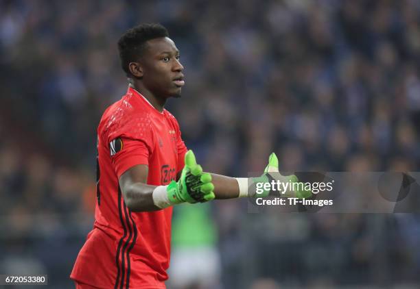 Goalkeeper Andre Onana of Ajax Amsterdam looks on during the UEFA Europa League quarter final second leg match between FC Schalke 04 and Ajax...