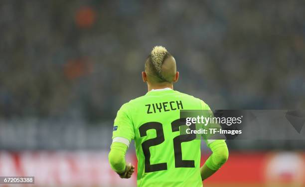 Hakim Ziyech of Ajax Amsterdam looks on during the UEFA Europa League quarter final second leg match between FC Schalke 04 and Ajax Amsterdam at...