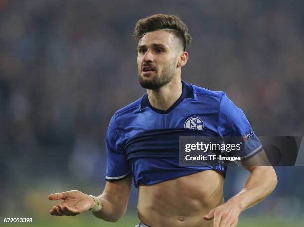 Daniel Caligiuri of Schalke celebrates the third goal with his team mates during the UEFA Europa League quarter final second leg match between FC...