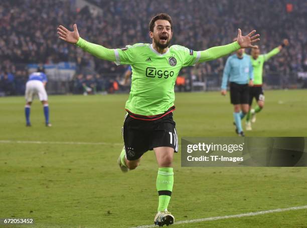 Amin Younes of Amsterdam celebrates the second goal during the UEFA Europa League quarter final second leg match between FC Schalke 04 and Ajax...