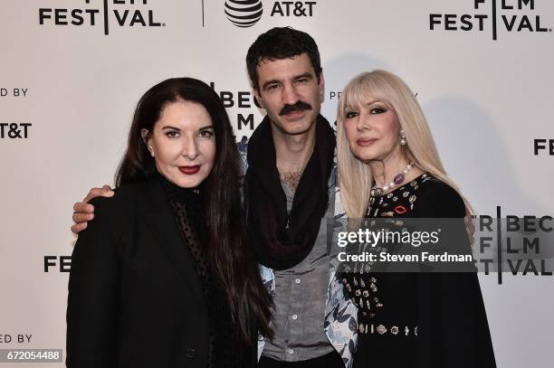 Marina Abramovic, Jorn Weisbrodt and a Lynda Prince attend "Blurred Lines: Inside the Art World" Premiere at Cinepolis Chelsea on April 23, 2017 in...