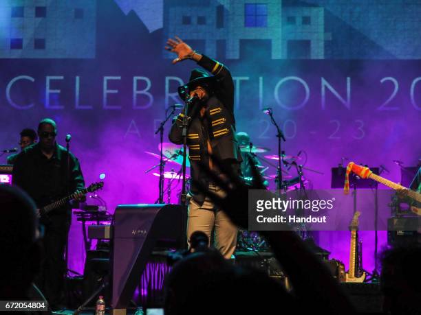 In this handout photo provided by Paisley Park Studios, Kip Blackshire performs with New Power Generation during Paisley Park's Celebration 2017...