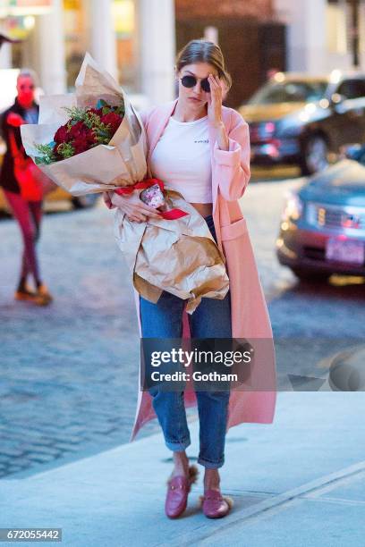 Model Gigi Hadid is seen on her birthday in NoHo on April 23, 2017 in New York City.