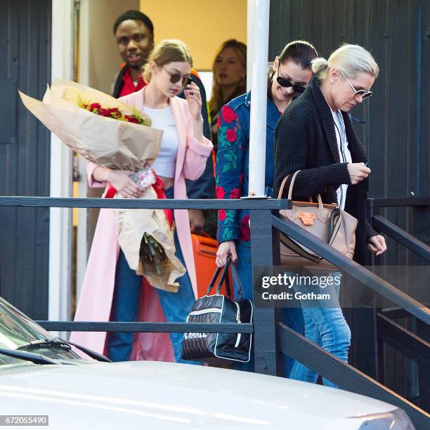 Gigi Hadid, Bella Hadid and Yolanda Hadid are seen in Midtown on April 23, 2017 in New York City.