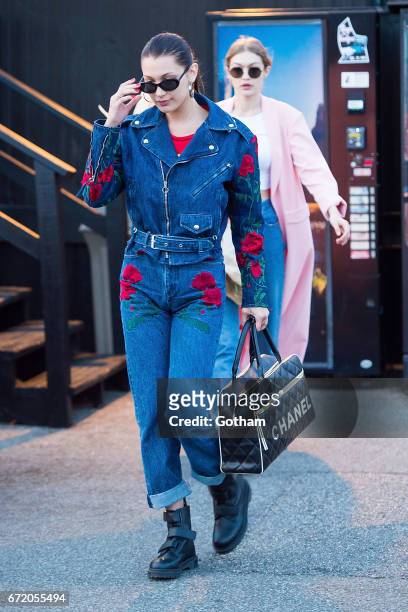 Models Bella Hadid and Gigi Hadid are seen in Midtown on April 23, 2017 in New York City.