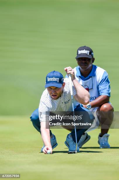 Bud Cauley lines up a putt during the final round of the Valero Texas Open at the TPC San Antonio Oaks Course in San Antonio, TX on April 23, 2017.