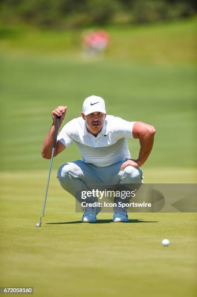 Brooks Koepka lines up a putt during the final round of the Valero Texas Open at the TPC San Antonio Oaks Course in San Antonio, TX on April 23, 2017.