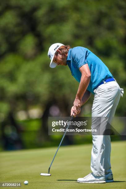 Aaron Baddeley hits a putt during the final round of the Valero Texas Open at the TPC San Antonio Oaks Course in San Antonio, TX on April 23, 2017.