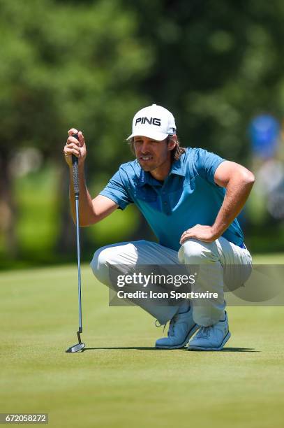 Aaron Baddeley lines up a putt during the final round of the Valero Texas Open at the TPC San Antonio Oaks Course in San Antonio, TX on April 23,...
