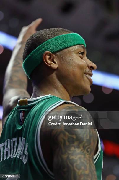 Isaiah Thomas of the Boston Celtics smiles at the end of the game against the Chicago Bulls during Game Four of the Eastern Conference Quarterfinals...