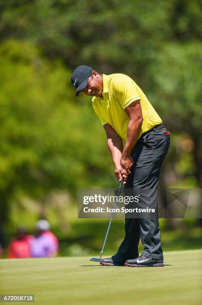 Jhonattan Vegas hits a putt during the final round of the Valero Texas Open at the TPC San Antonio Oaks Course in San Antonio, TX on April 23, 2017.