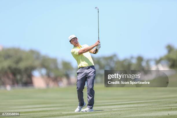 Kevin Chappell watches his shot during the 4th round of the Valero Texas Open at the TPC San Antonio Oaks Course in San Antonio, TX on April 23, 2017.