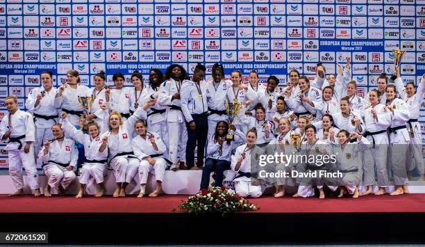 The medal winning women's teams Silver: Poland, Gold: France, Bronzes, Croatia and Germany during the 2017 Warsaw European Judo Championships April...