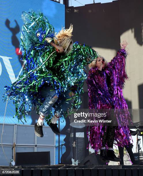 Musicians Christian Zucconi and Hannah Hooper of Grouplove perform on the Coachella Stage during day 3 of the Coachella Valley Music And Arts...