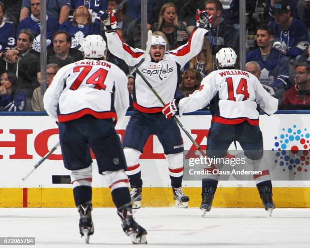 Marcus Johansson of the Washington Capitals scores the overtime and series-winning goal against the Toronto Maple Leafs in Game Six of the Eastern...