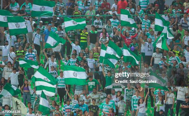 Fans of Santos cheer their team during the match between Santos Laguna and America as part of the Torneo Clausura 2017 Liga MX at Corona Stadium on...