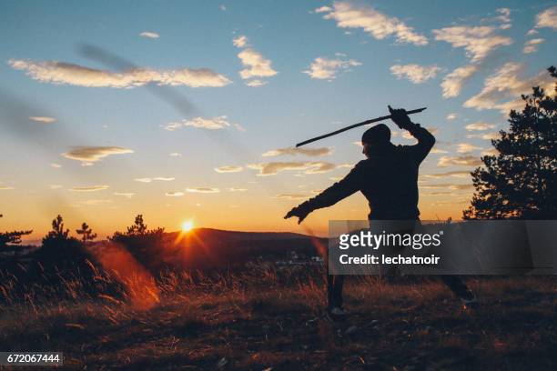 junger mann training kampfkünste in der natur - samurai stock-fotos und bilder