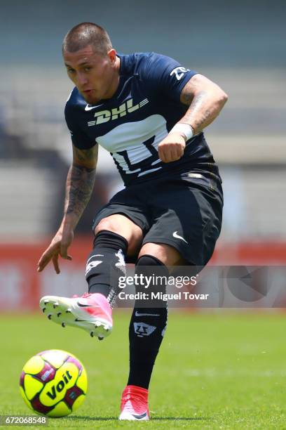 Nicolas Castillo of Pumas passes the ball during the 15th round match between Pumas UNAM and Veracruz as part of the Torneo Clausura 2017 Liga MX at...