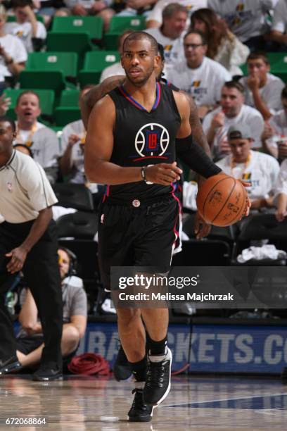 Chris Paul of the LA Clippers handles the ball against the Utah Jazz during Game Four of the Western Conference Quarterfinals of the 2017 NBA...