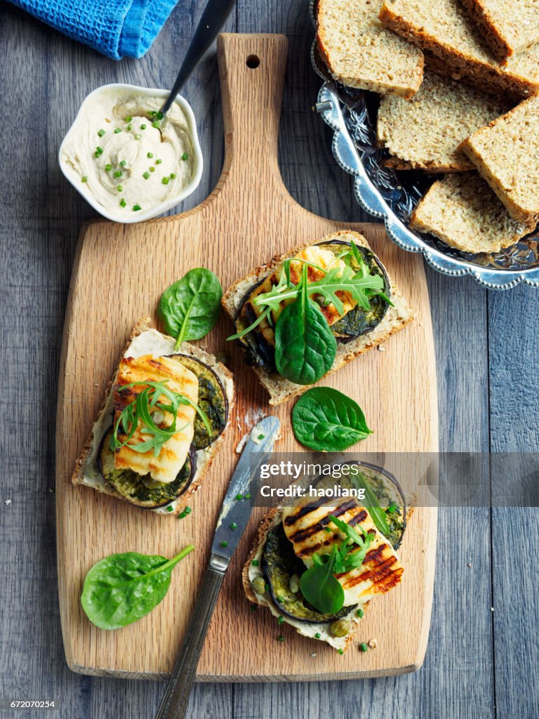 Vegetarian grilled aubergine open sandwich