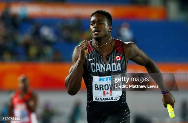 Aaron Brown of Canada competes in the Men's 4x200 Metres Relay Final during the IAAF/BTC World Relays Bahamas 2017 at Thomas Robinson Stadium on...