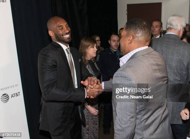 Kobe Bryant and Michael Strahan attend Tribeca Talks: Storytellers: Kobe Bryant with Glen Keane during 2017 Tribeca Film Festival at BMCC Tribeca PAC...