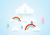 Paper art concept. Rainy and cloud with rainbow background