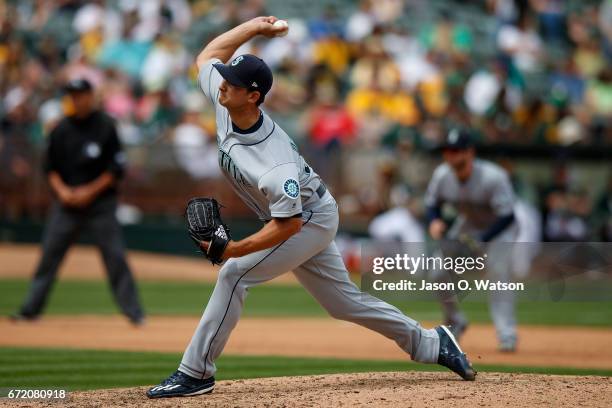 Chase De Jong of the Seattle Mariners pitches against the Oakland Athletics during the fourth inning at the Oakland Coliseum on April 22, 2017 in...