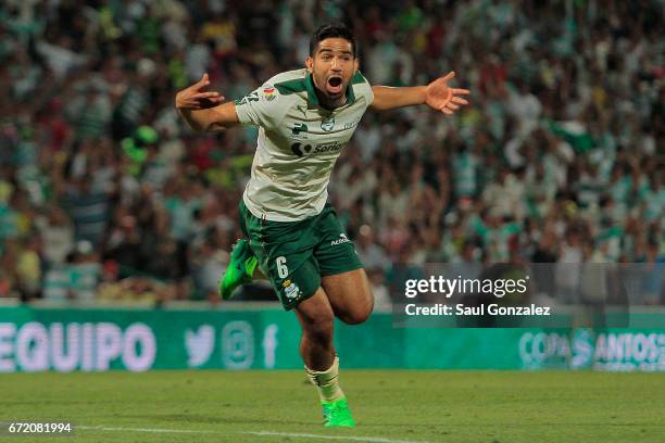 Diego de Buen of Santos, celebrates after scoring the second goal of his team during the 15th round match between Santos Laguna and America as part...