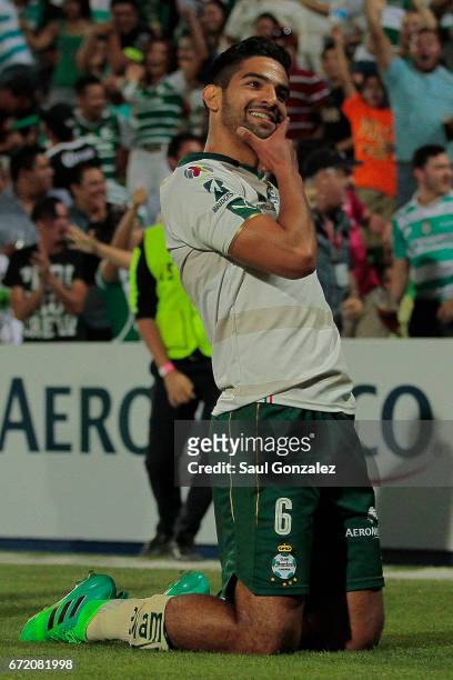 Diego de Buen of Santos, celebrates after scoring the second goal of his team during the 15th round match between Santos Laguna and America as part...