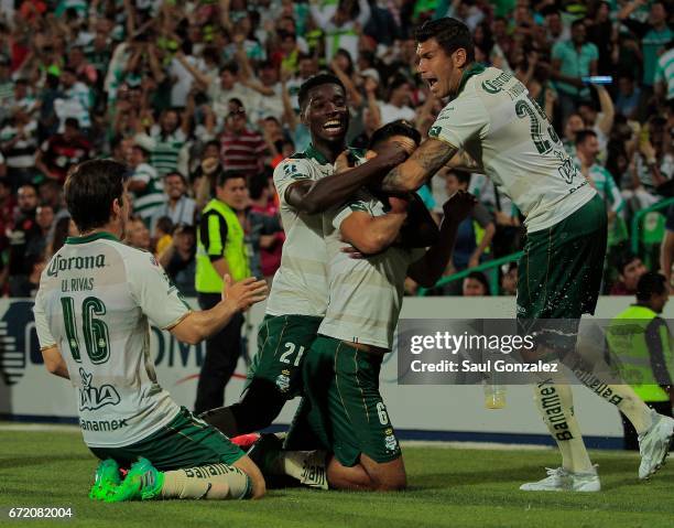 Diego de Buen of Santos, celebrates after scoring the second goal of his team during the 15th round match between Santos Laguna and America as part...