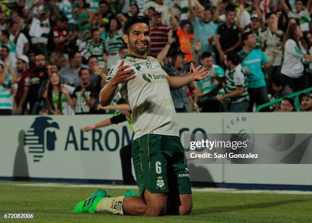 Diego de Buen of Santos, celebrates after scoring the second goal of his team during the 15th round match between Santos Laguna and America as part...