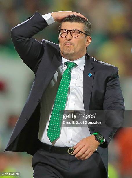 Jose Manuel de la Torre, coach of Santos gestures during the match between Santos Laguna and America as part of the Torneo Clausura 2017 Liga MX at...