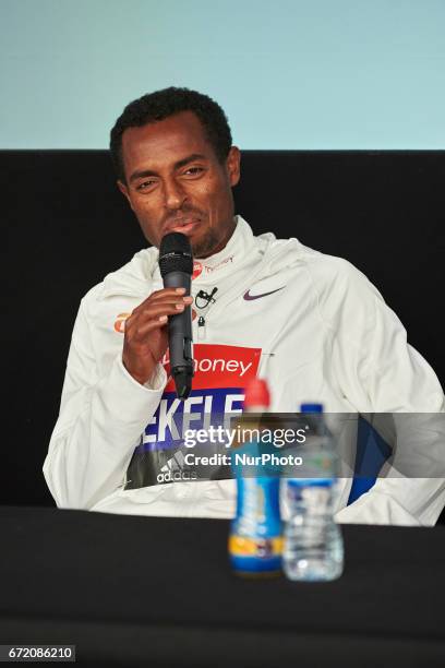 Second placed Ethiopia's Kenenisa Bekele during a press conference after winning the men's elite race at the London marathon on April 23, 2017 in...