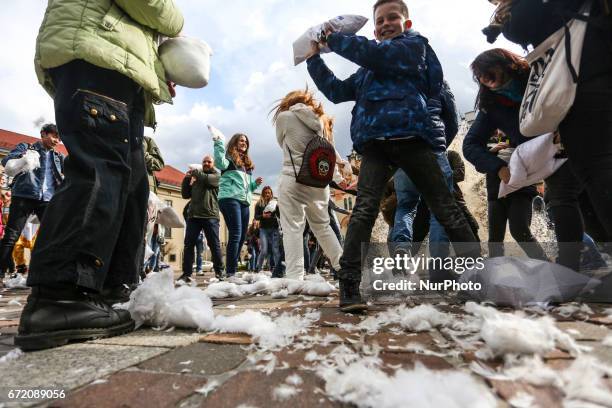 The third charity international pillow fight in Krakow, Poland on 23 April 2017. This year's goal is to collect funds and gifts for pets in the...