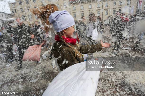 The third charity international pillow fight in Krakow, Poland on 23 April 2017. This year's goal is to collect funds and gifts for pets in the...