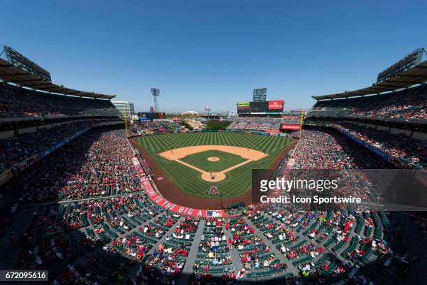 General view of the interior of Angel Stadium of Anaheim from an elevated position during the MLB regular season baseball game between the Toronto...