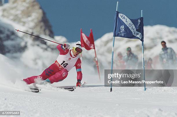 Luxembourg skier Marc Girardelli pictured in action to finish in second place to win the silver medal in the Men's giant slalom skiing event held at...