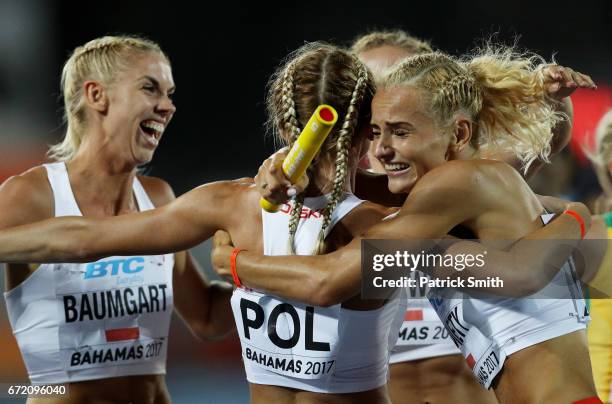 Team Poland celebrates after placing second in the Women's 4x400 Metres Relay Final during the IAAF/BTC World Relays Bahamas 2017 at Thomas Robinson...